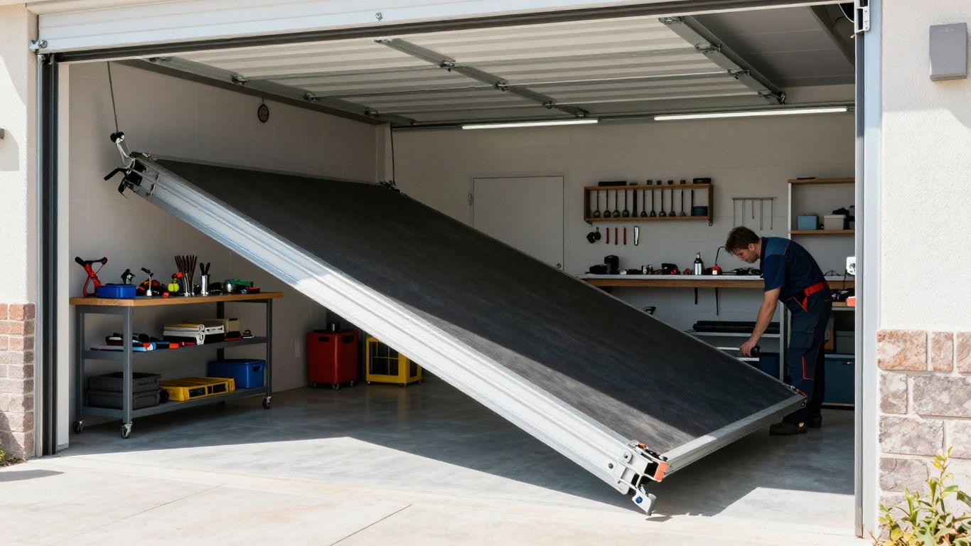 Modern garage door opening to organized workshop