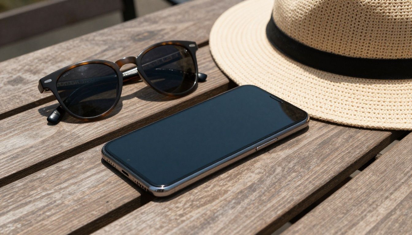 A generic smartphone resting in the shade on a wooden patio table, next to a pair of sunglasses and a hat.