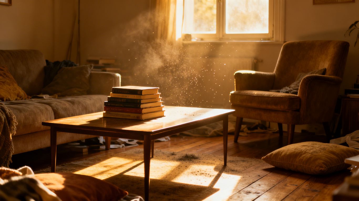 Books on a coffee table in a cozy, slightly messy room.