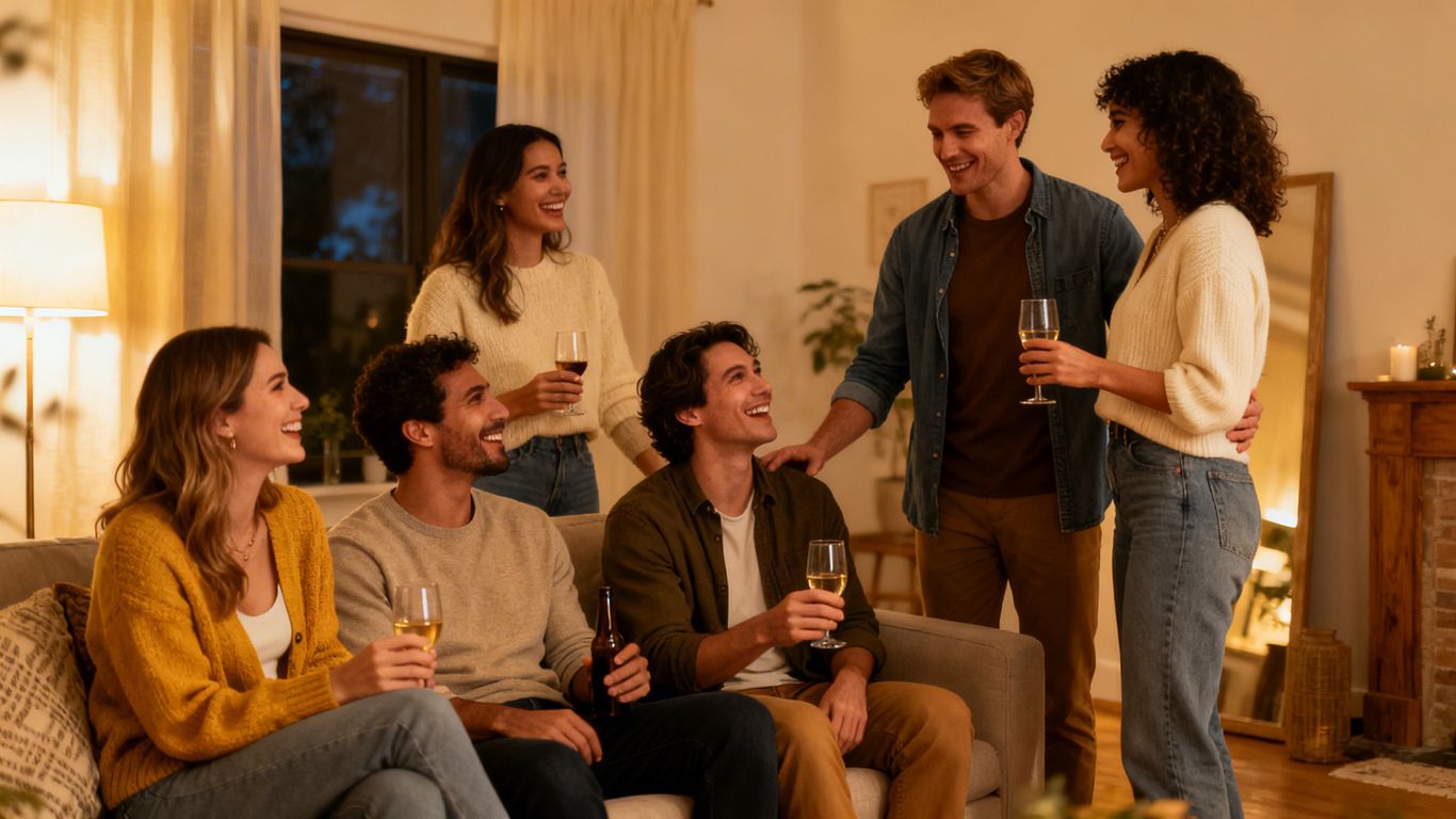 Friends and new partner meeting at home, smiling together.
