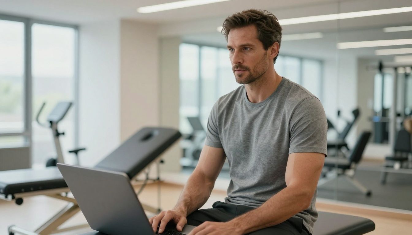 A confident, athletic man in his 40s resting in a modern, professional, and well-lit recovery suite or upscale gym environment, looking energized and focused.