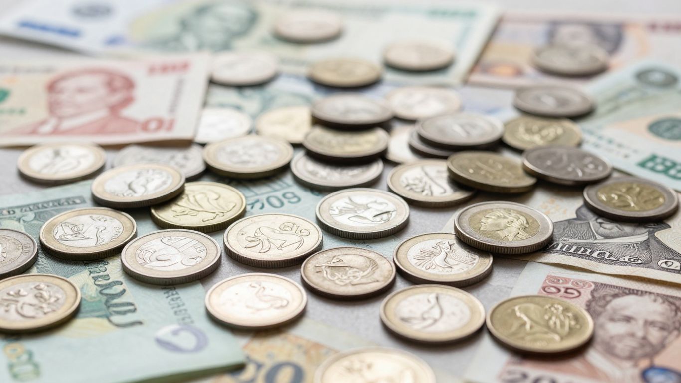 Global currencies, coins, and bills arranged for appraisal.