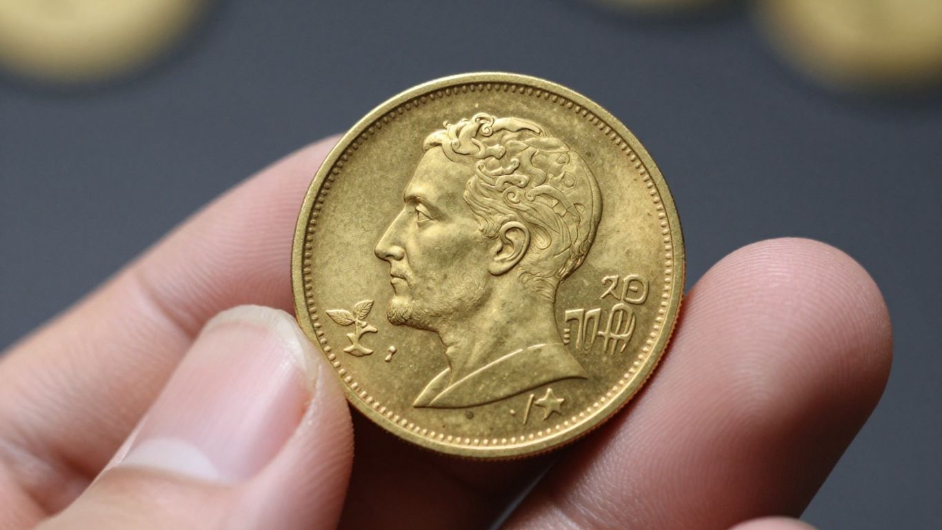 Close-up of a hand holding a valuable gold coin.