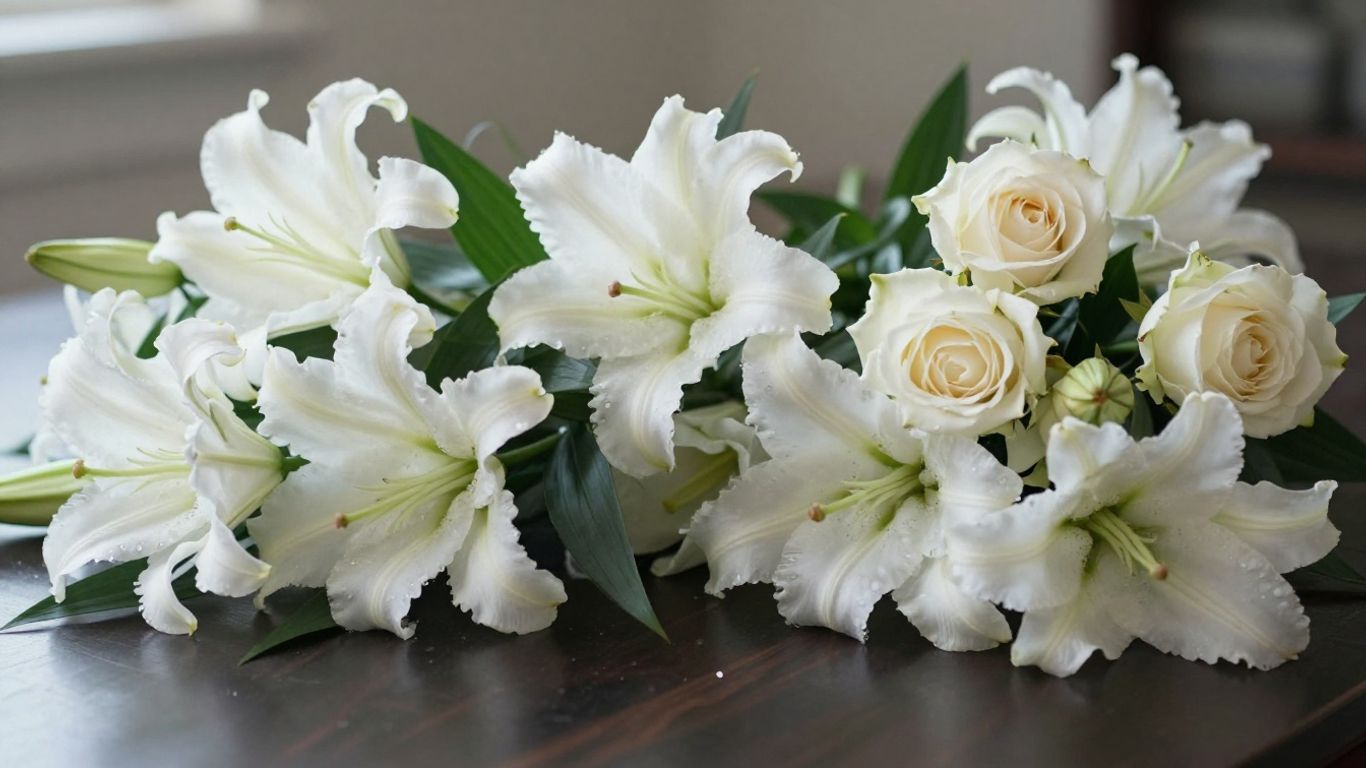 Elegant funeral flower arrangement with lilies and roses.