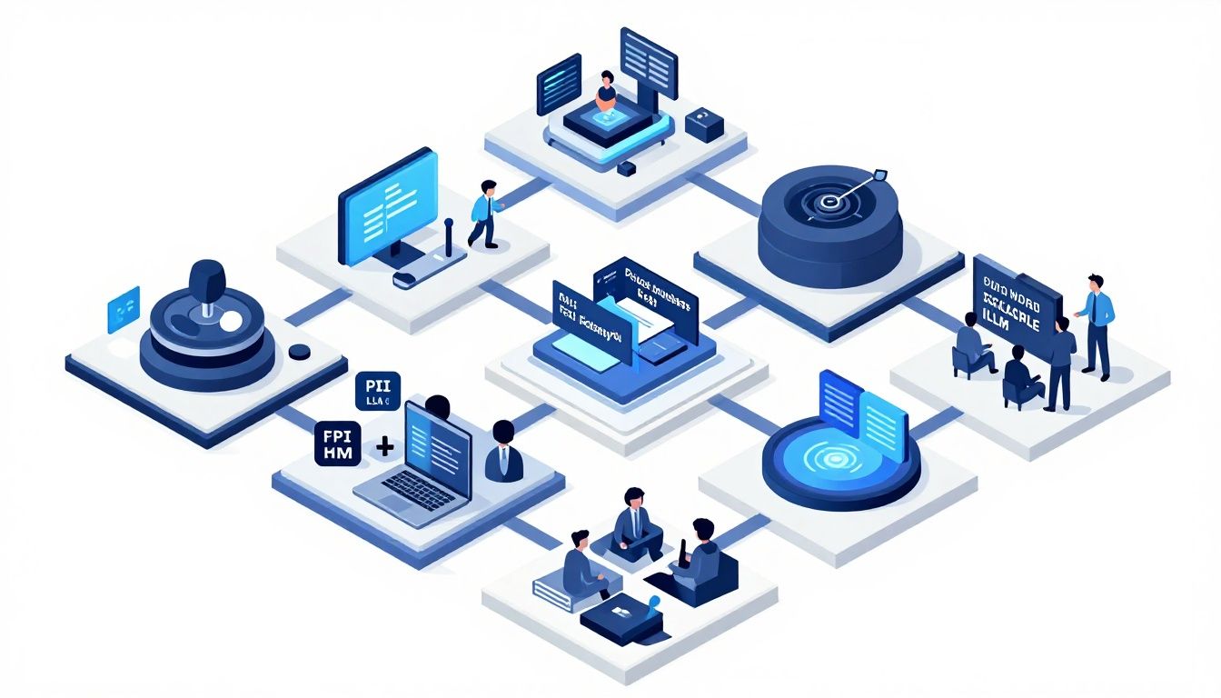 Isometric enterprise security architecture showing shadow AI requests being routed through a guarded LLM gateway, with PII masking, policy checks, audit logs, and Jakarta and Singapore data-residency routes