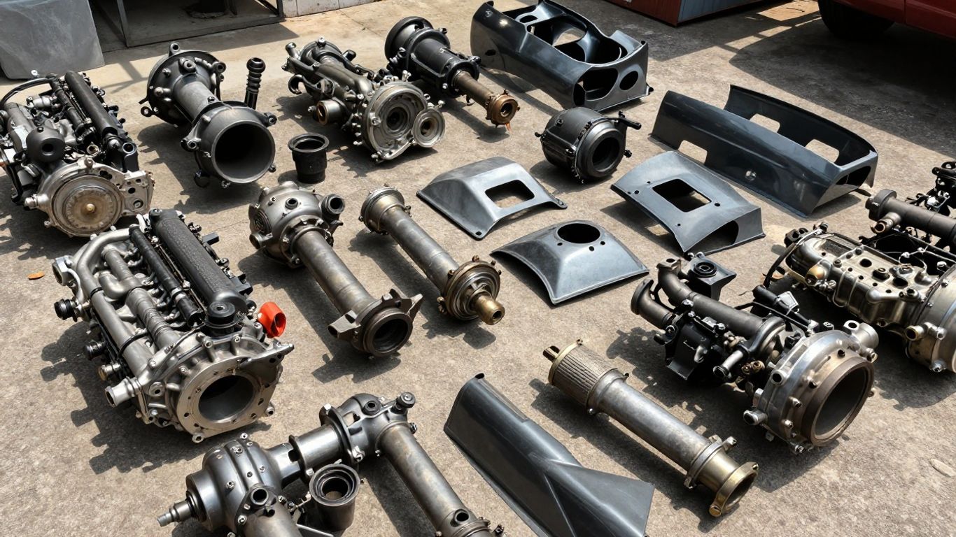 Mitsubishi car parts in an Adelaide wrecking yard.