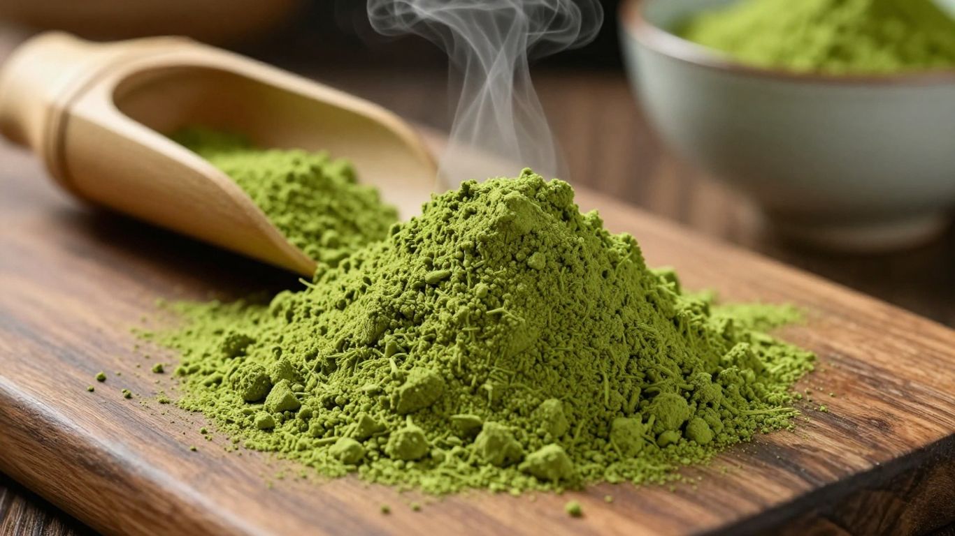 Vibrant green matcha powder in a bamboo scoop.