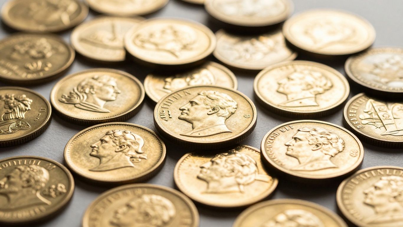 Pièces d'or de collection, gros plan, brillance métallique.