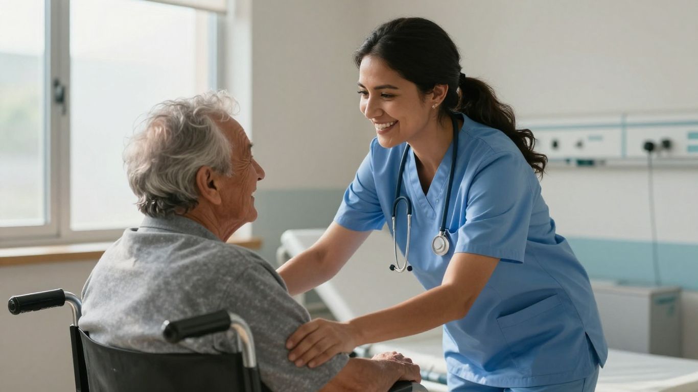 CNA helping elderly patient, bright healthcare setting.
