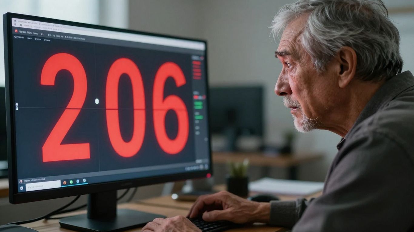 Elderly person distressed by identity theft financial loss.