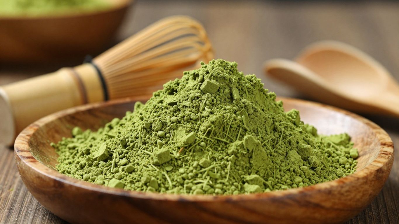 Organic matcha powder in a bowl with whisks.