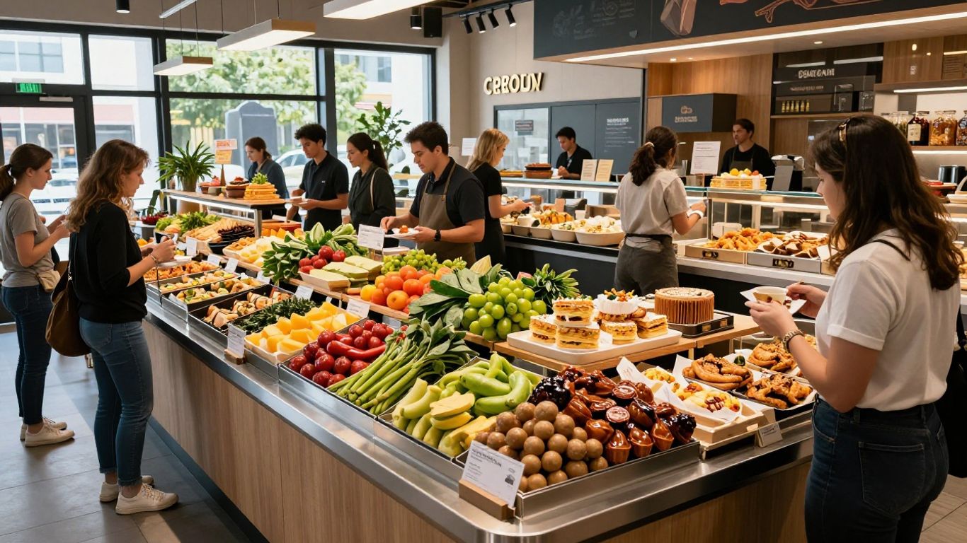 Gourmet food hall with diverse culinary stalls and patrons.