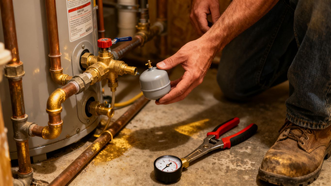 Expansion tank and heater piping in utility room