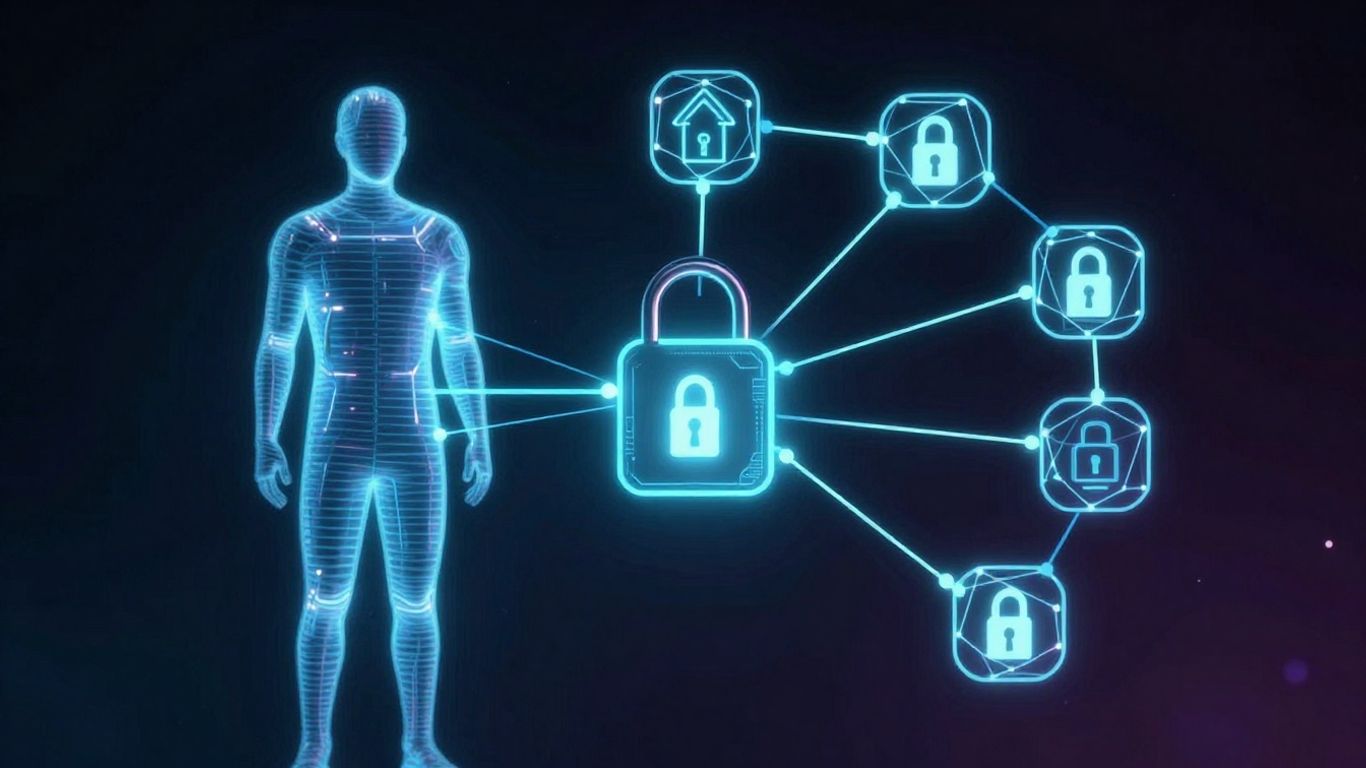 Futuristic digital lock with blockchain elements and human silhouette.