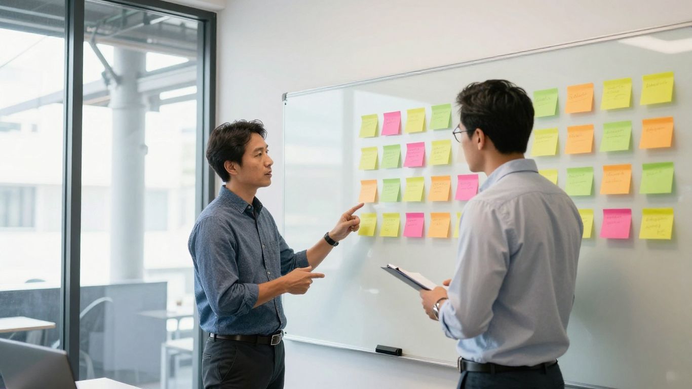 Two professionals reviewing strategic growth milestones