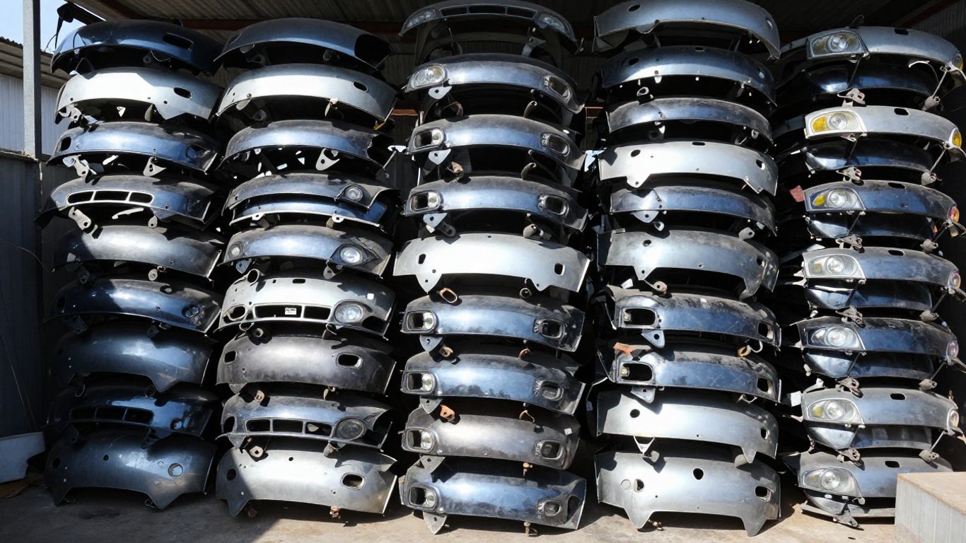 A collection of automotive components organized in an industrial scrap yard