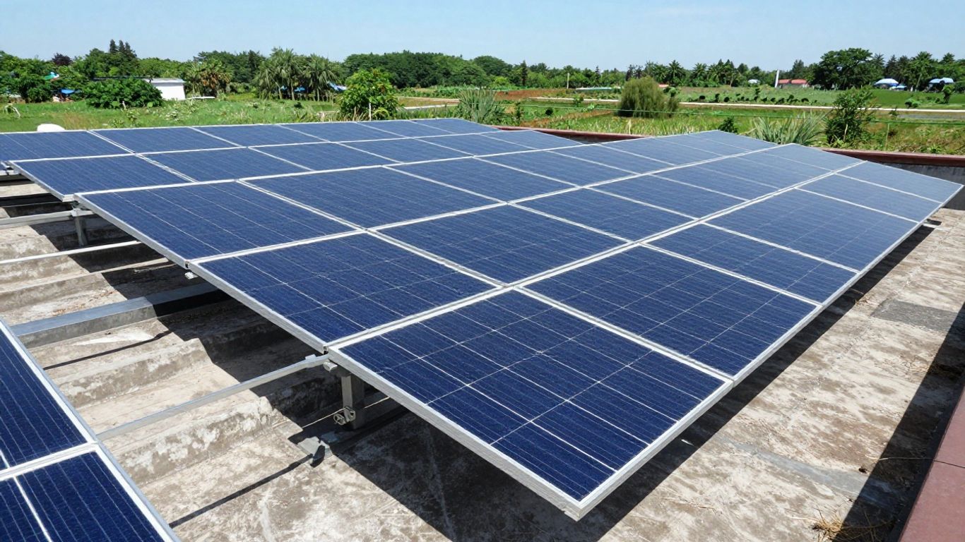 Поликристаллические фотоэлектрические солнечные панели, установленные на крыше