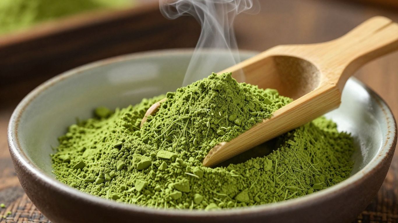 Vibrant green matcha powder in a bamboo scoop.
