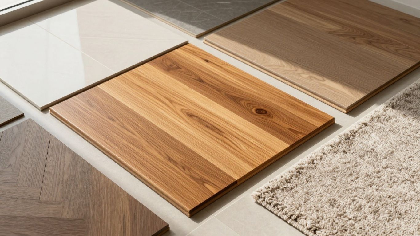 Flooring samples: hardwood, tile, and carpet textures.