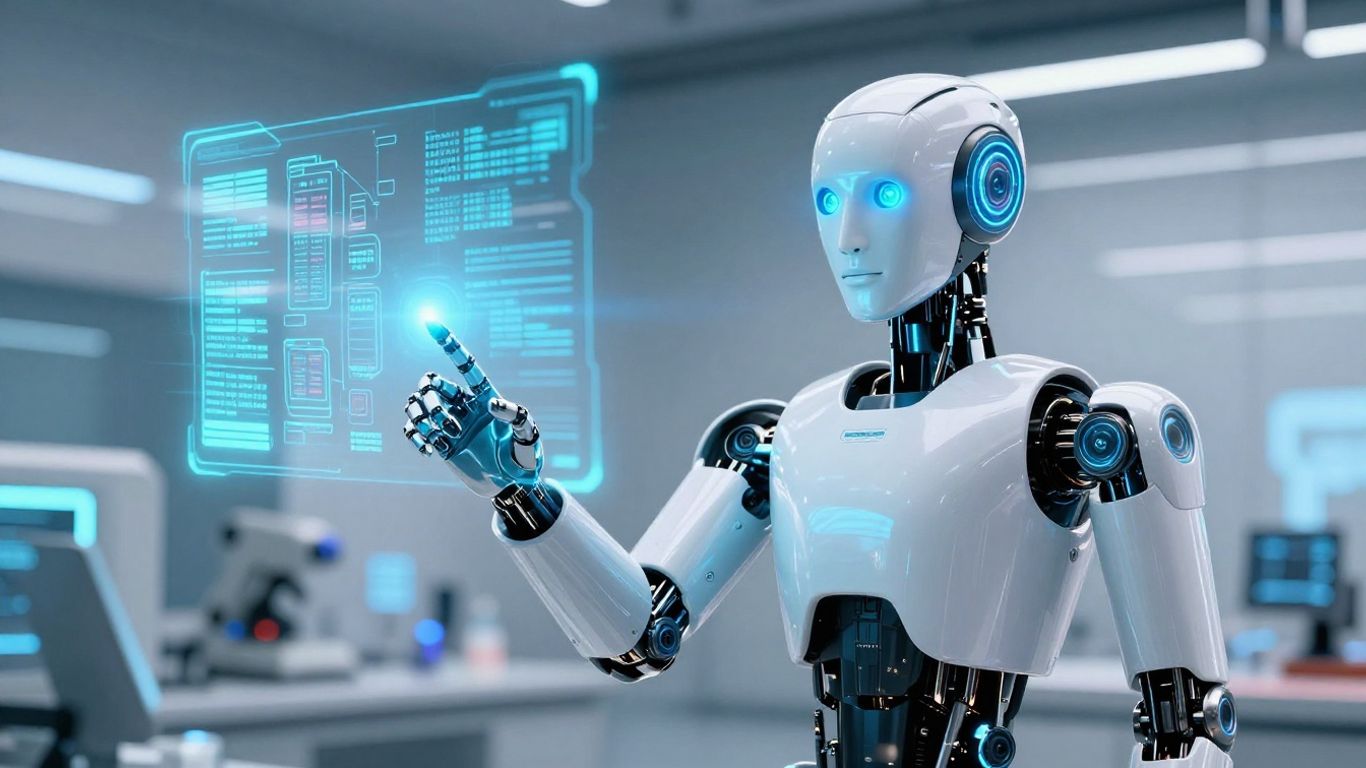 Humanoid robot interacting with holographic data in a lab.