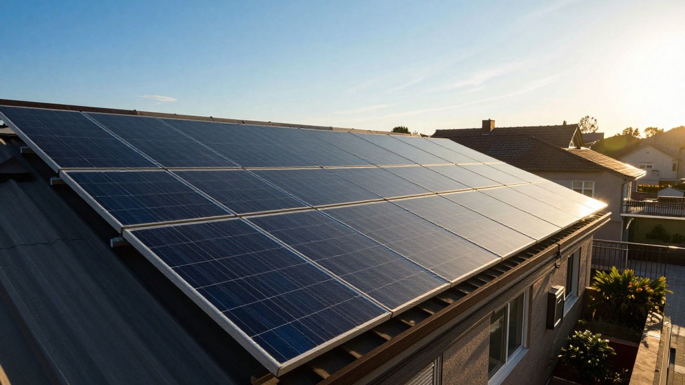 Panneaux solaires sur un toit avec une maison en arrière-plan.