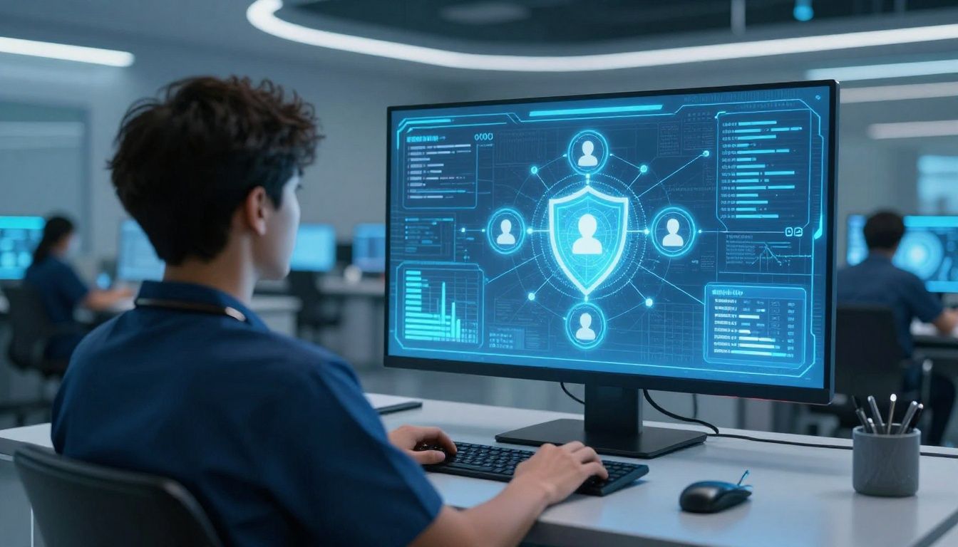 Wide-angle over-the-shoulder view of a healthcare data analyst with their back completely turned to the camera, viewing a glowing blue holographic interface with connected nodes, security shields, user icons, and encrypted financial charts, set in a futuristic medical billing command center with blurred workstations, neon blue and cyan lighting, photorealistic corporate cybersecurity aesthetic, 16:9 aspect ratio