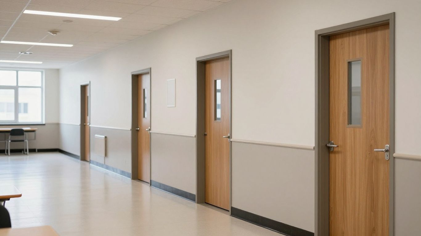 Different door hardware in a modern school corridor