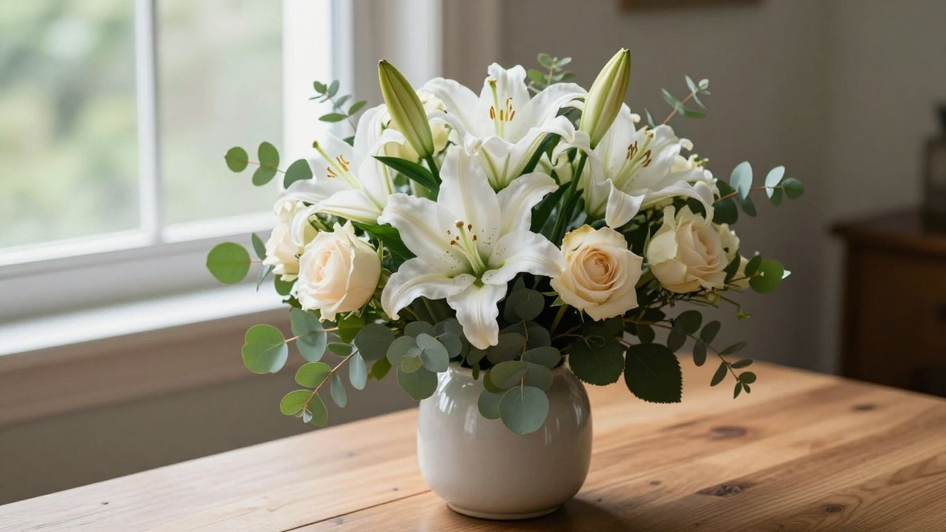 Soft white sympathy flowers in a home