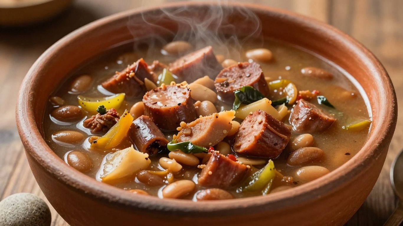Steaming bowl of Portuguese stone soup with beans and sausage.
