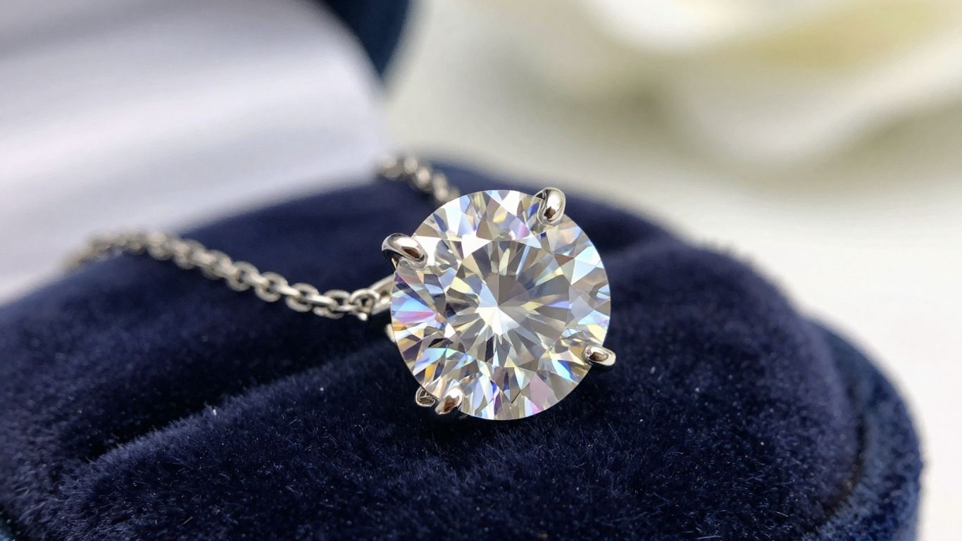 Sparkling certified diamond pendant necklace on velvet cushion.