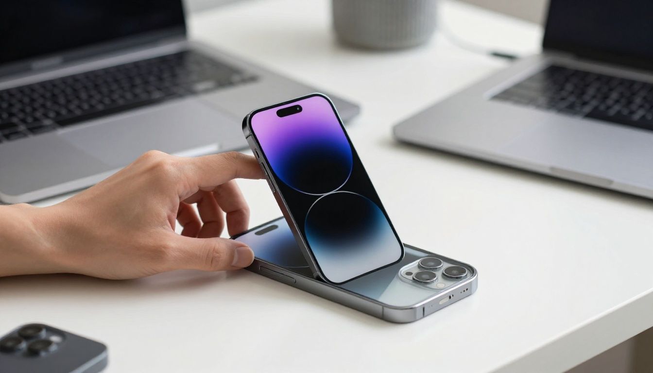 A person carefully placing their new iPhone 17 into a protective case, with a clean, modern desk in the background.