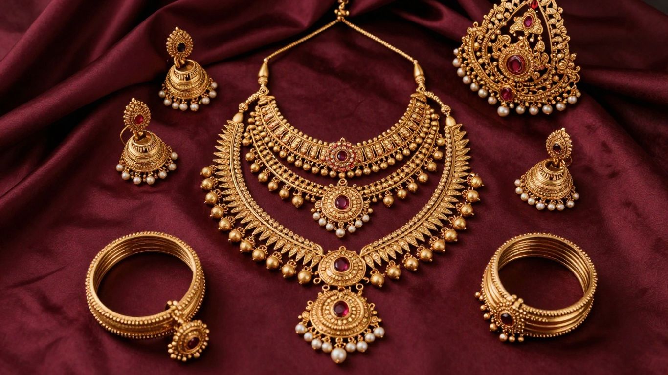 Bridal jewellery set with necklace bangles and headpiece