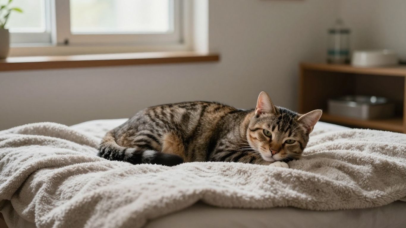 Cat resting quietly in a familiar recovery room