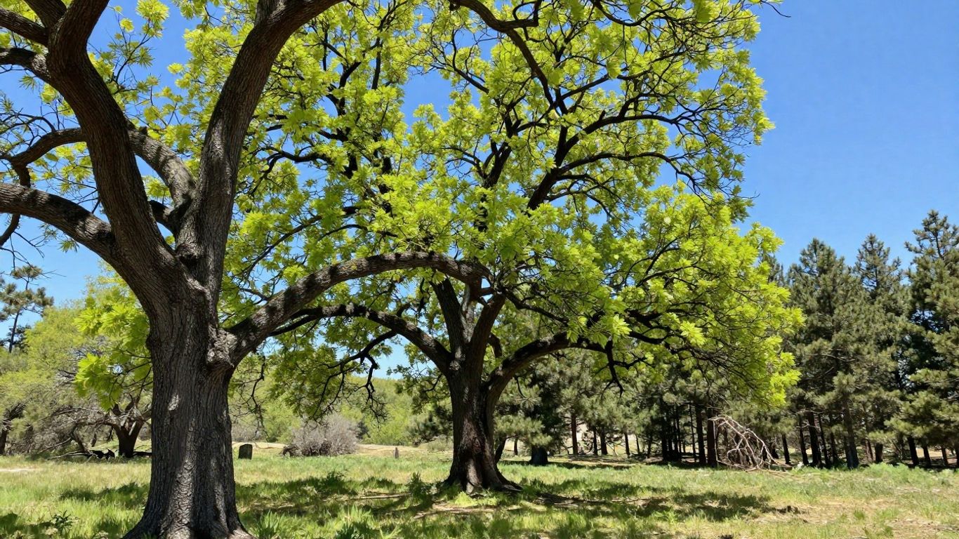 Sierra Foothills oak tree in spring with green leaves.