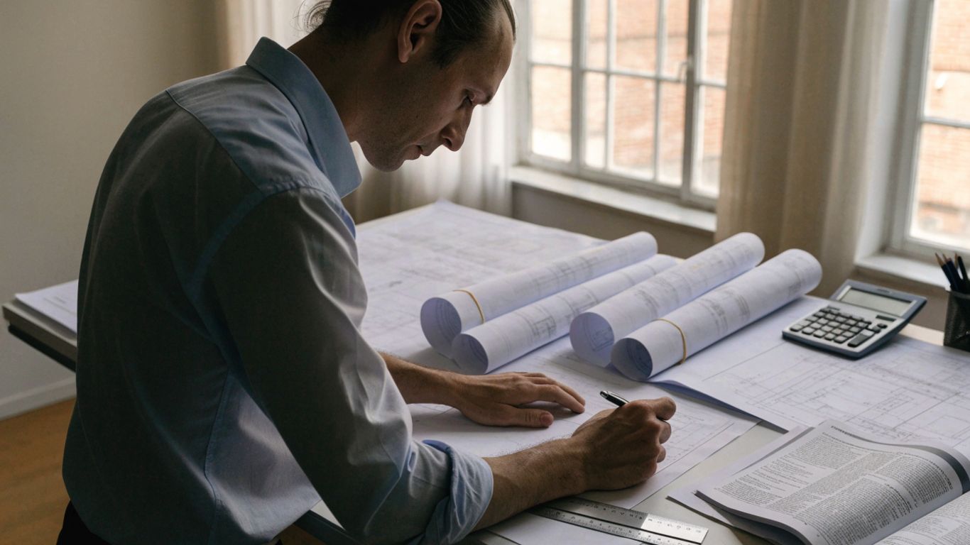 Engineer reviewing structural code documents at a desk