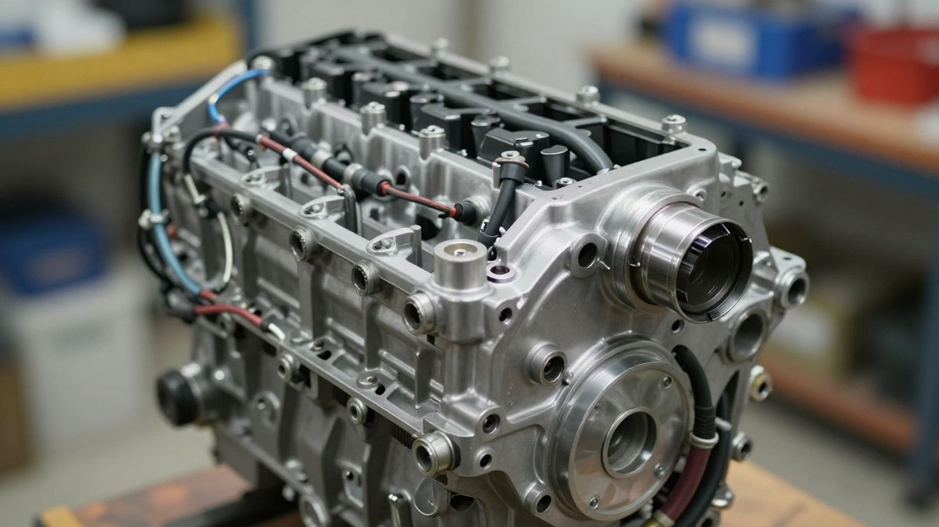 Reconditioned Volkswagen engine in a workshop.