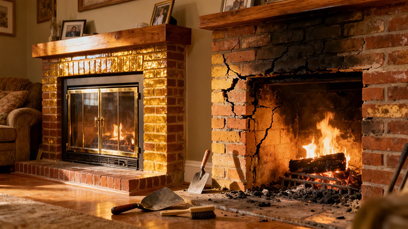 Fireplace repair or replacement decision in a living room.