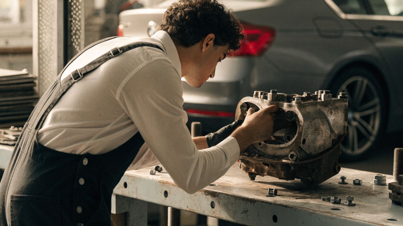Technician inspecting a recycled BMW component