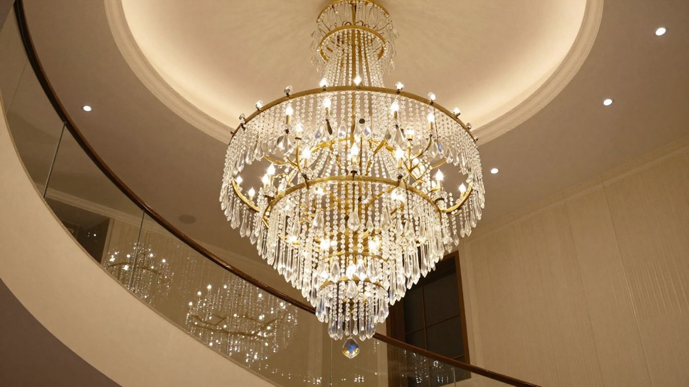 Crystal chandelier illuminating a modern staircase interior.