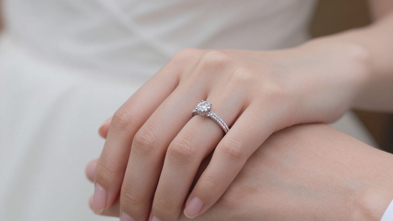 Close-up of hands wearing beautiful, sparkling bridal rings.