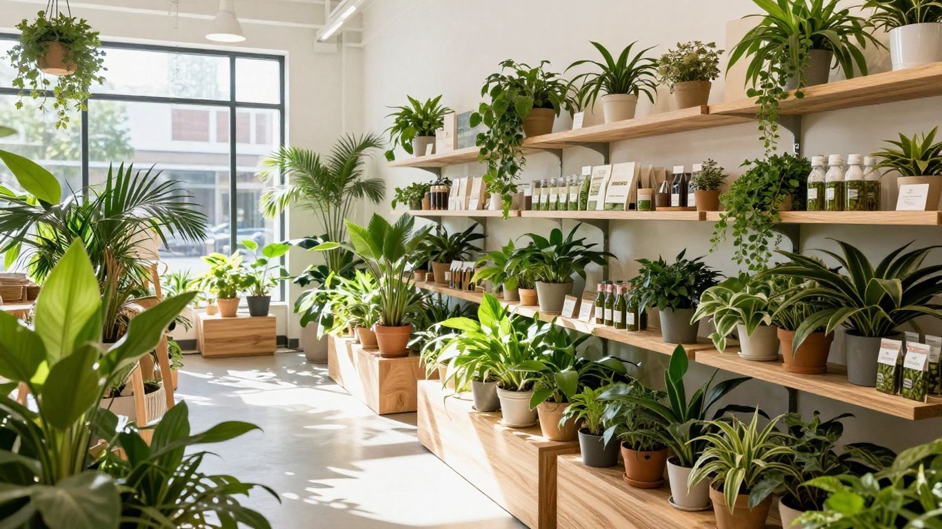 Sustainable retail store interior with plants and natural materials.