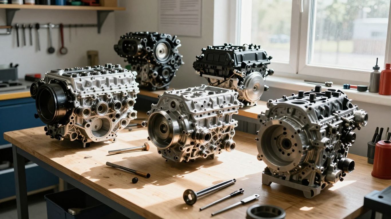 Skoda car engines and transmissions in a workshop.