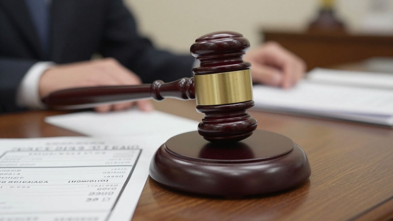 Gavel striking block, speeding ticket, courthouse background.