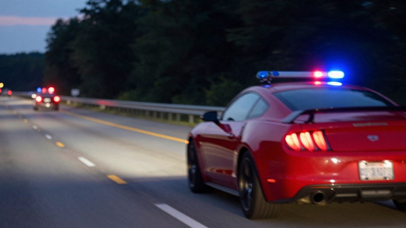 Red sports car speeding on a highway at dusk.