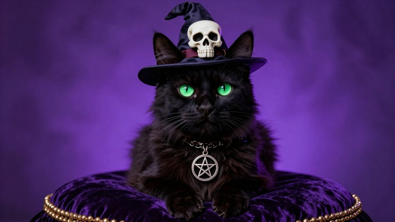 Warlock-themed cat accessories: hat and collar.