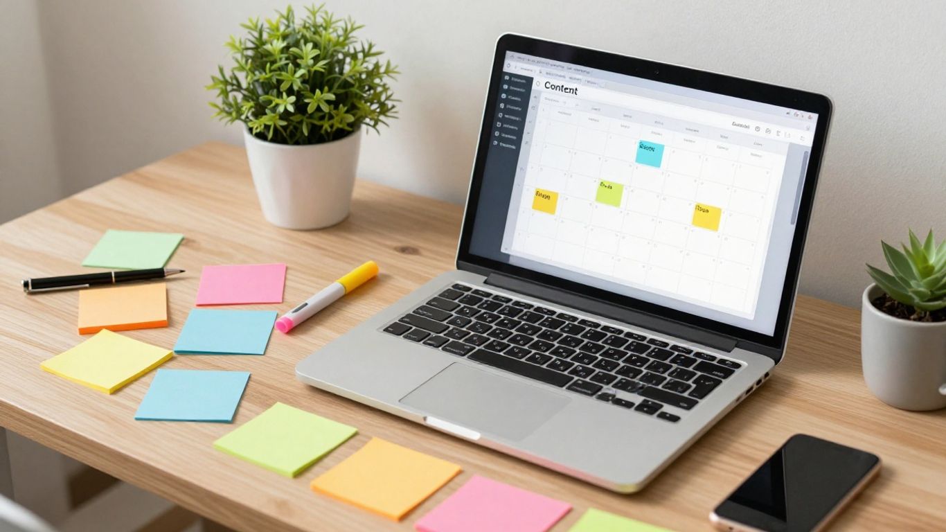 Content calendar on a laptop screen with sticky notes.