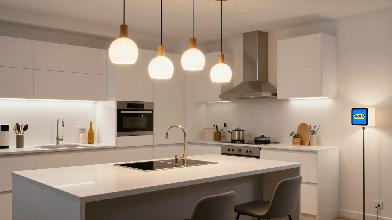 Modern kitchen with bright IKEA lighting fixtures.