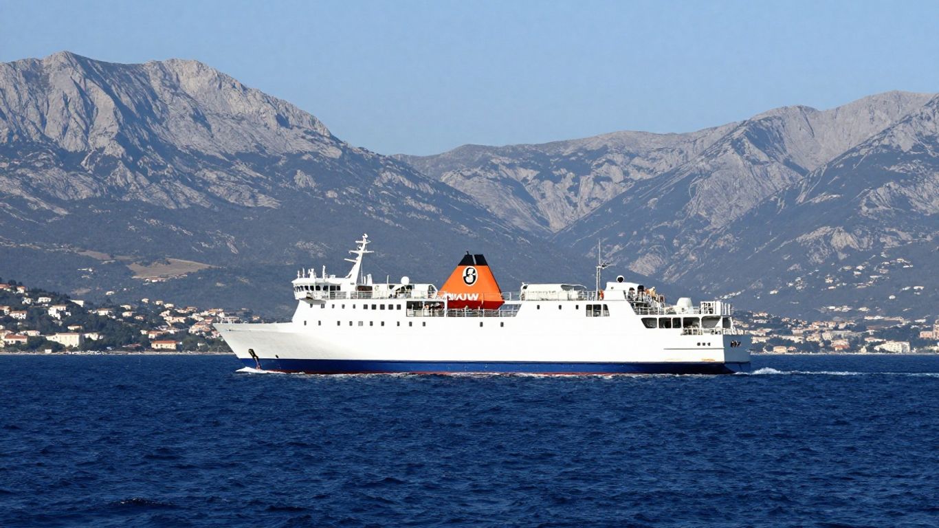 Ferry approaching Corsica beneath a clear sky