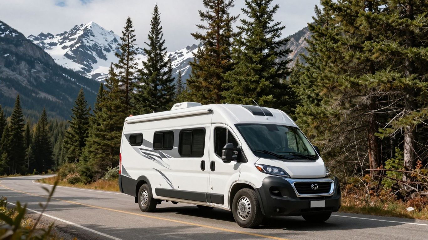 Motorhome on a scenic Canadian mountain road.