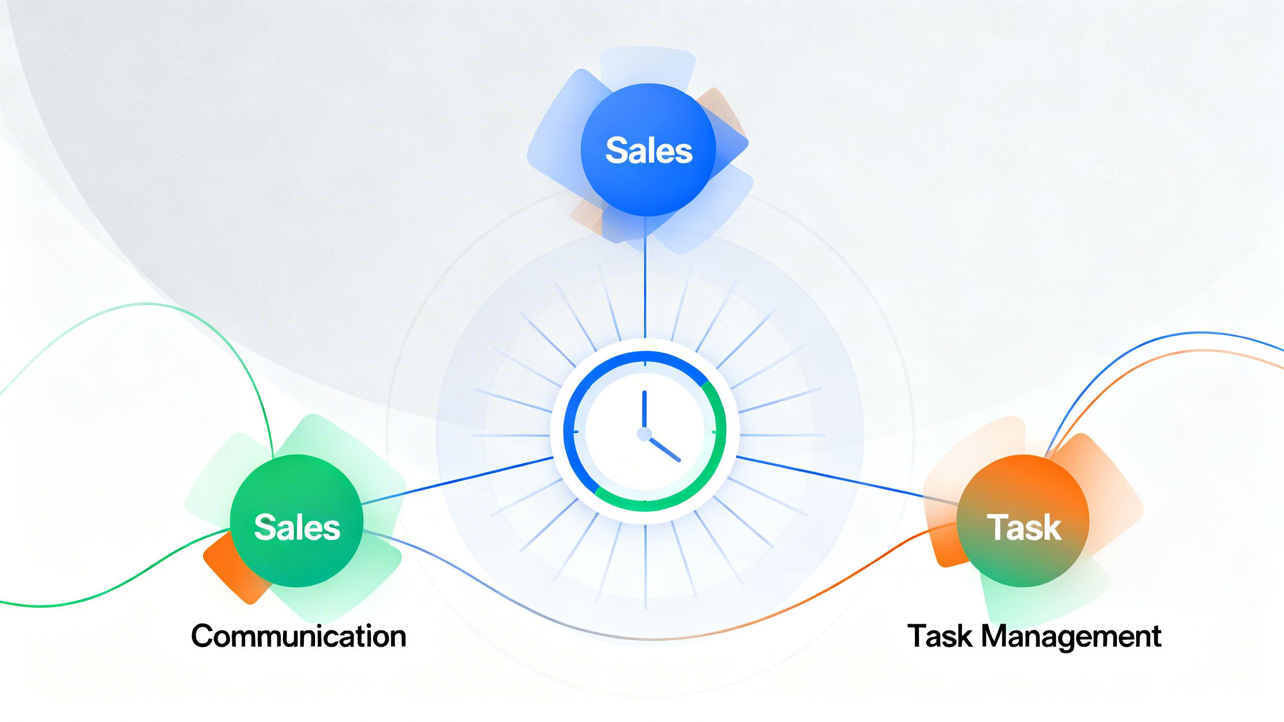 An abstract illustration of a centralized dashboard connecting different business functions like sales, communication, and task management.